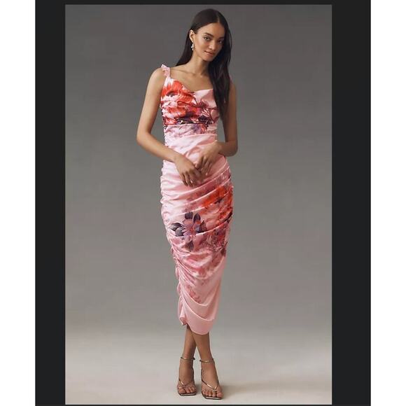 BHLDN Dresses & Skirts - BHLDN Callie Sleeveless Ruched Printed Charmeuse Midi Dress Size US M